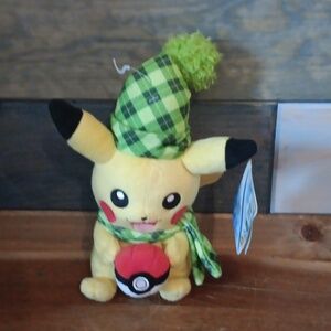 Tomy Pokémon Christmas Pikachu Plush Green Plaid Scarf Hat Cute Toy